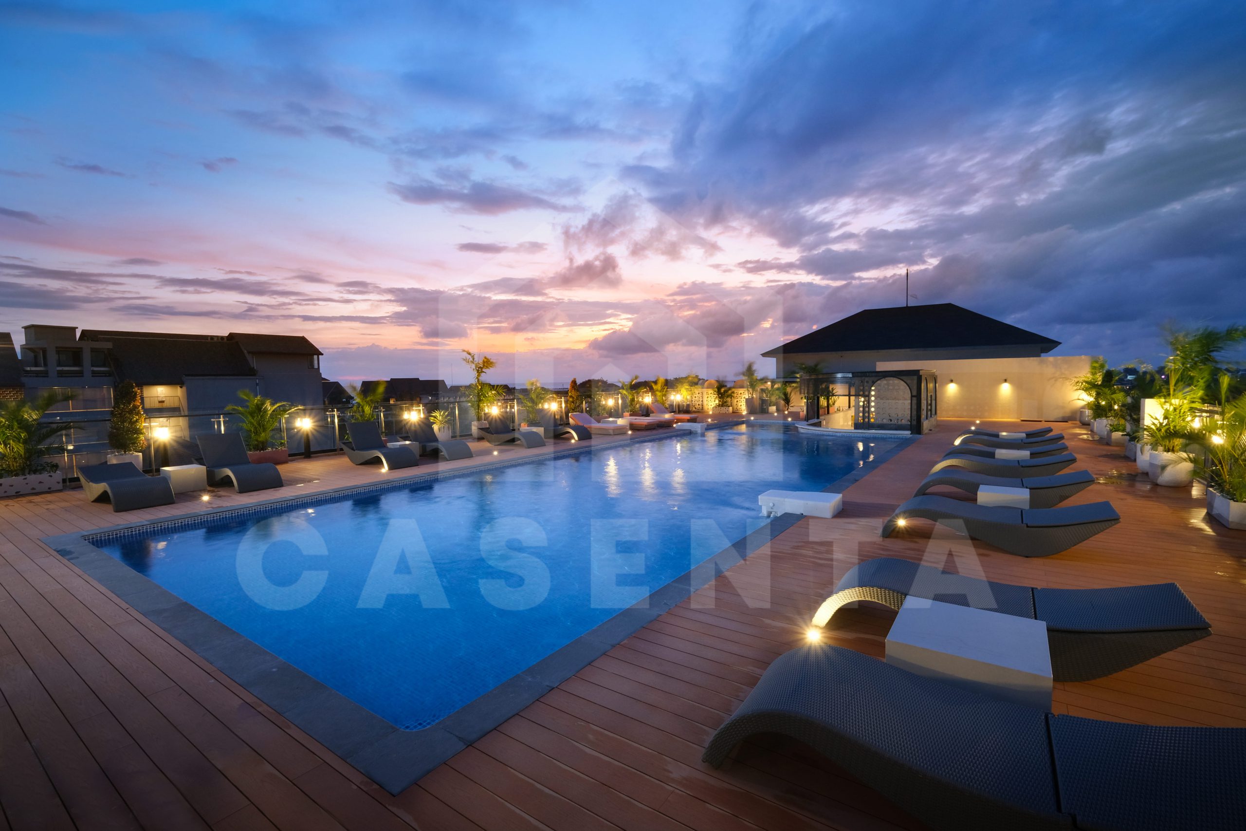 Rooftop pool area at Canggu apartment with sunset views
