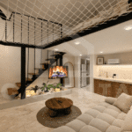 Living and dining area with mezzanine net hammock in Sanur apartment