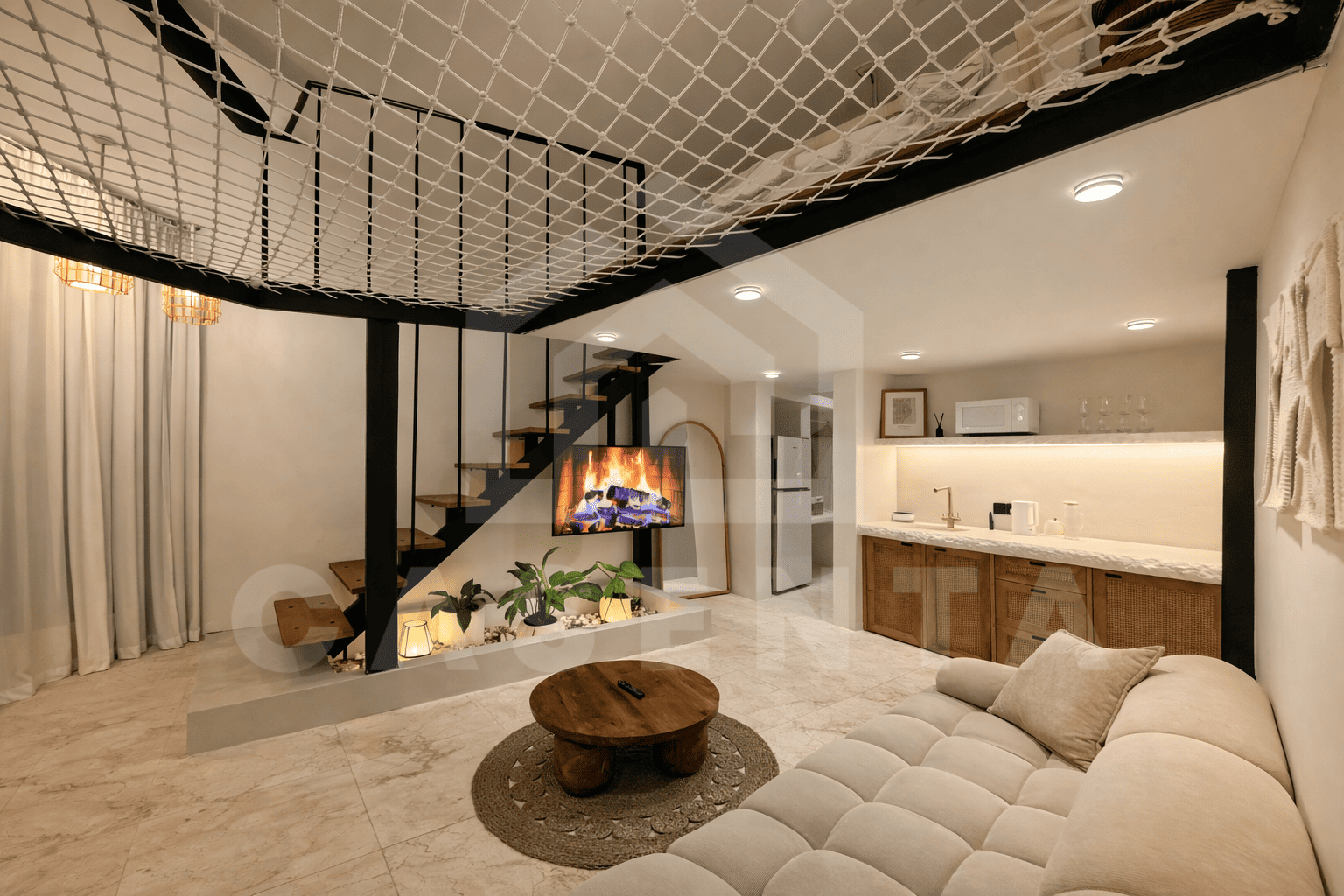 Living and dining area with mezzanine net hammock in Sanur apartment