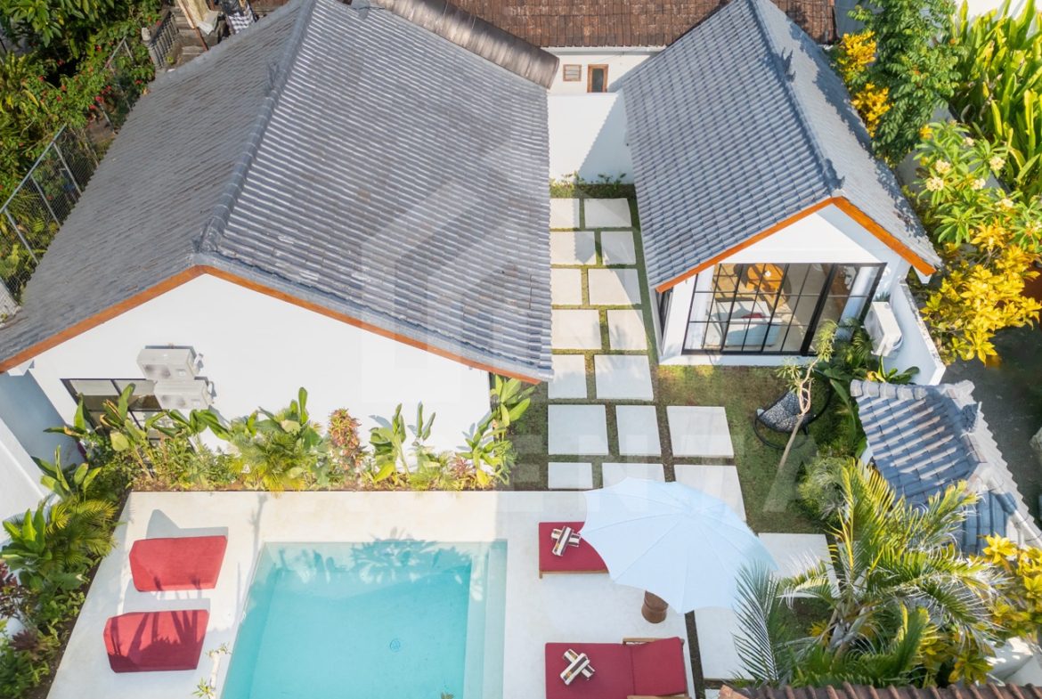 Aerial view of Sayan villa with private pool and garden layout