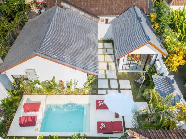 Aerial view of Sayan villa with private pool and garden layout