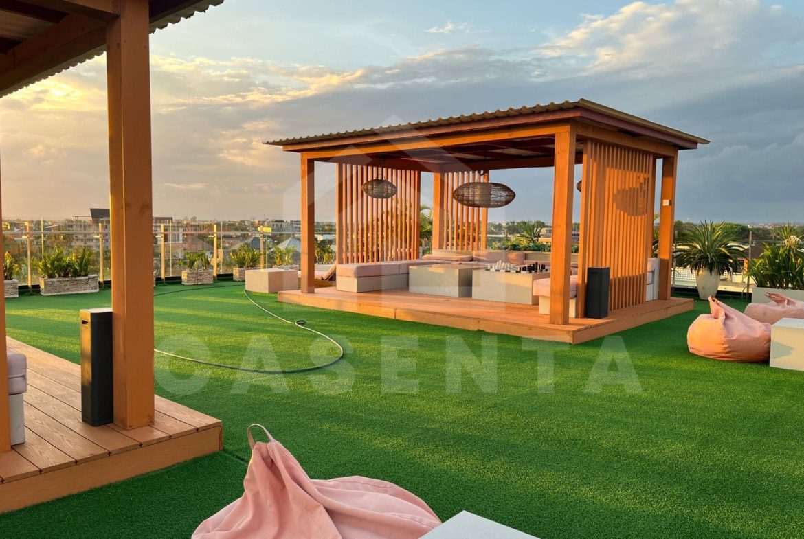 Rooftop lounge area in Canggu apartment complex