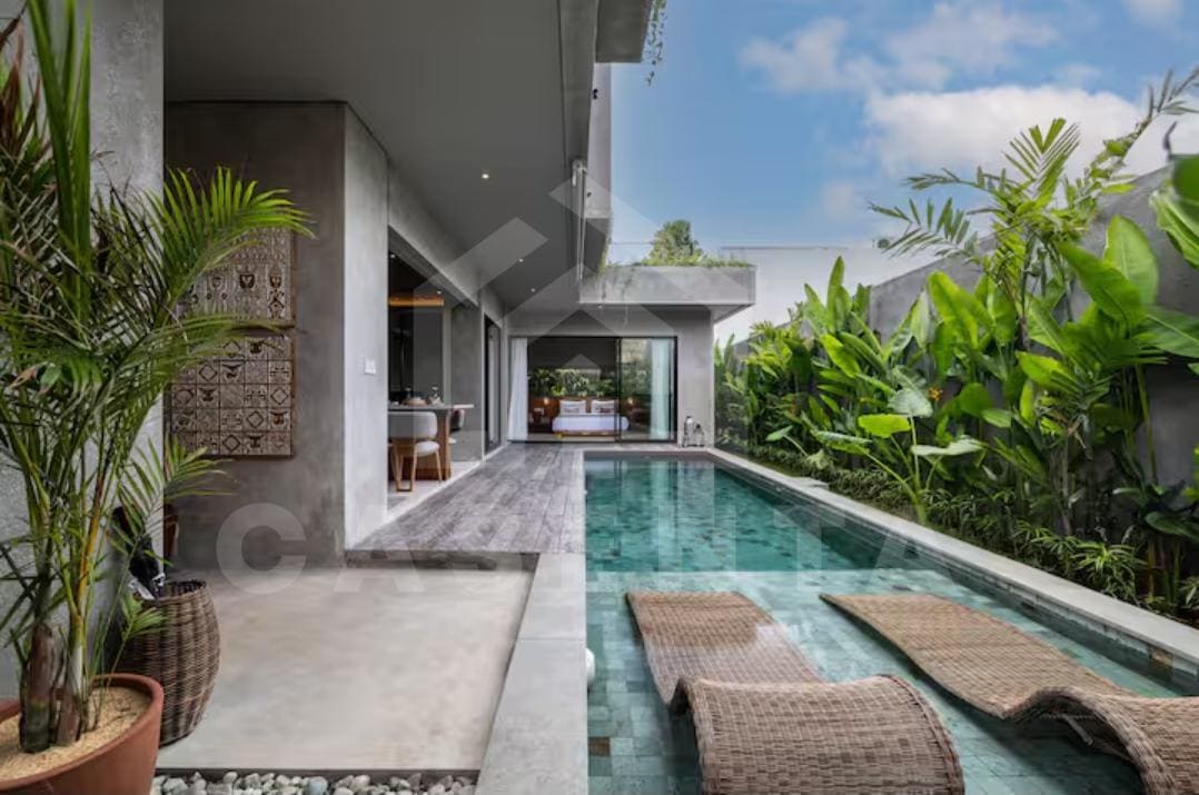 private pool area in Bukit villa with sun loungers