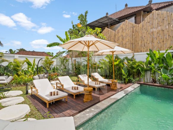private pool with sun loungers and large garden Sayan villa